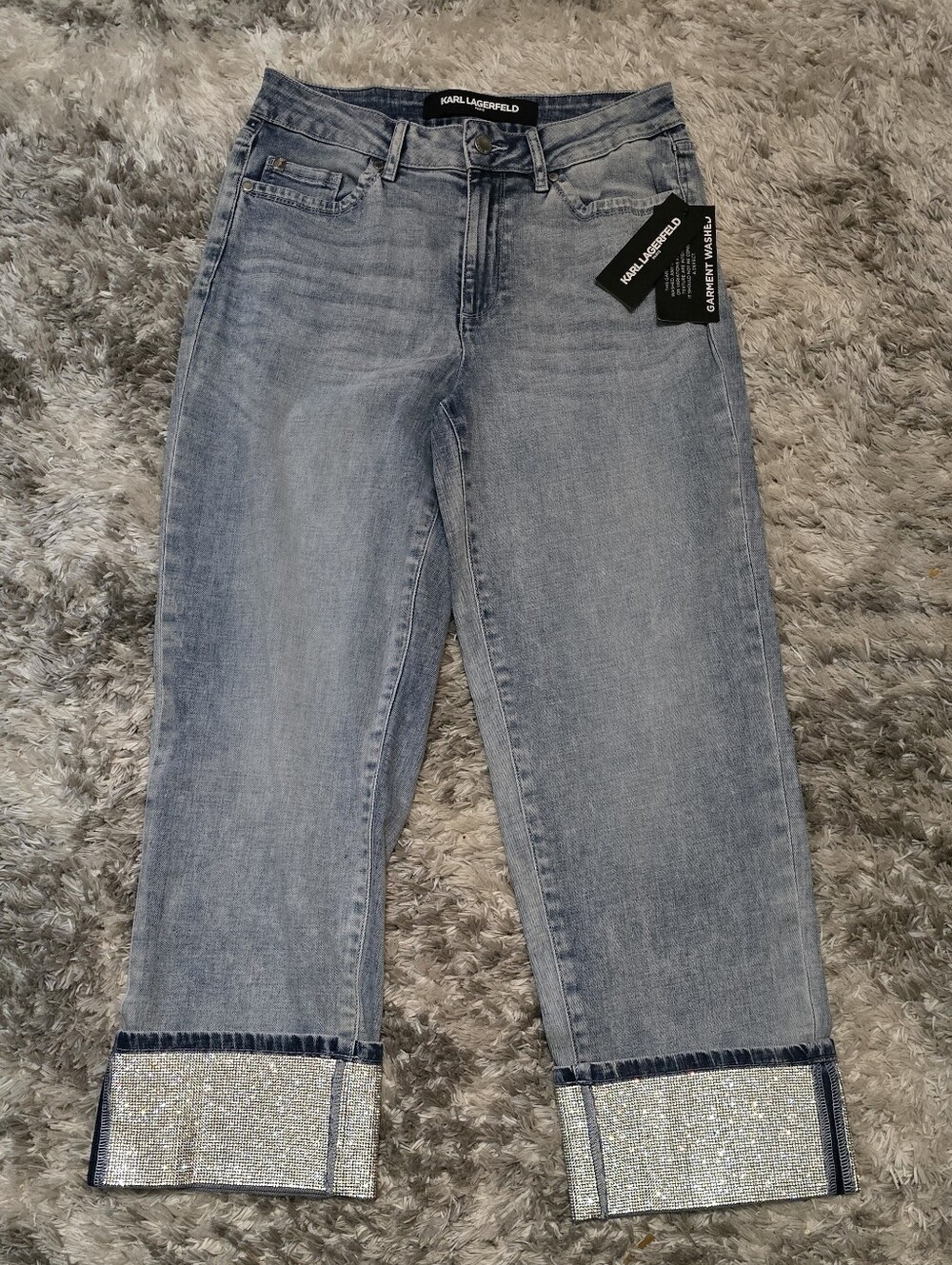 Karl Lagerfeld Light Wash Cuffed Women’s Jeans with Glitter Hem